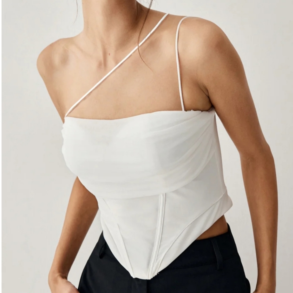 Commense Mesh Dip Hem Crop Corset Top